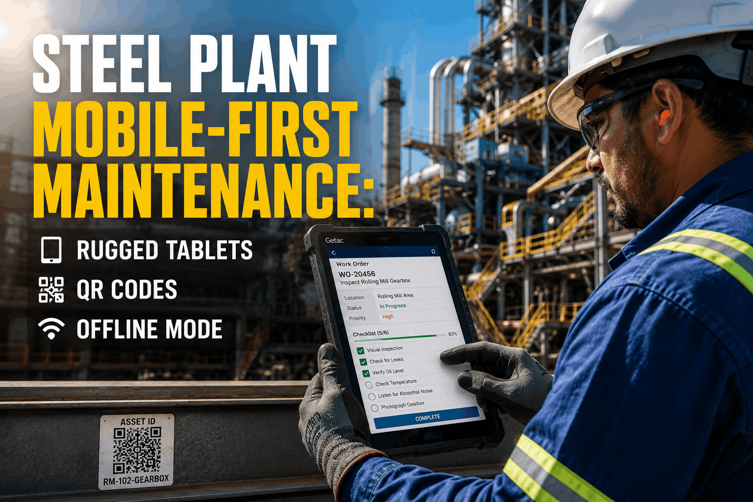 steel-plant-mobile-first-maintenance-rugged-tablets-qr-codes-offline-mode